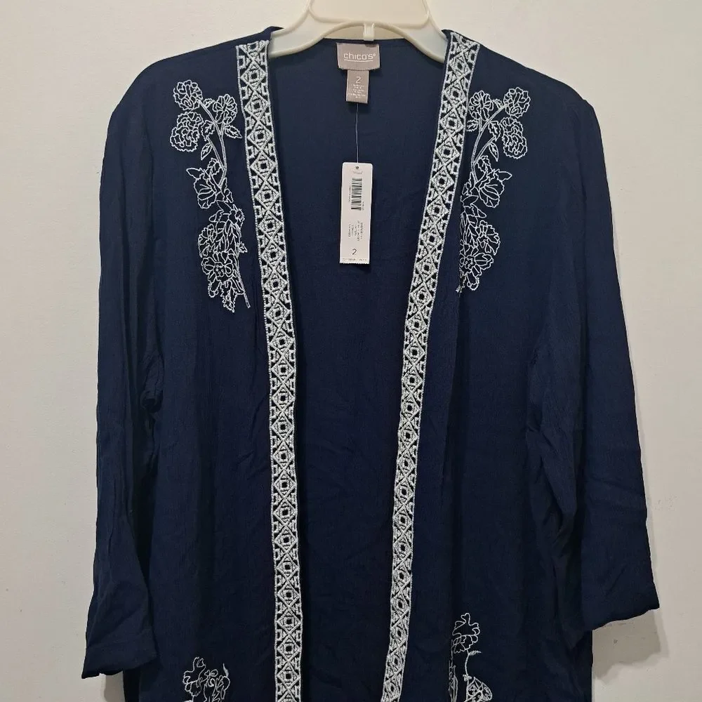 Chico's Floral Embroidery Pattern Crinkle Open Front Cardi Jacket Midnight Sz 2